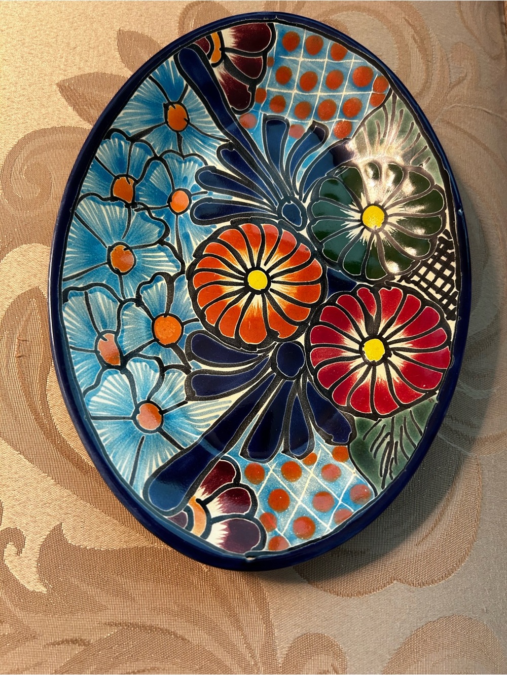 Hand-Painted Floral Decorative Wall Plate - Blue, Red, Orange, Green
